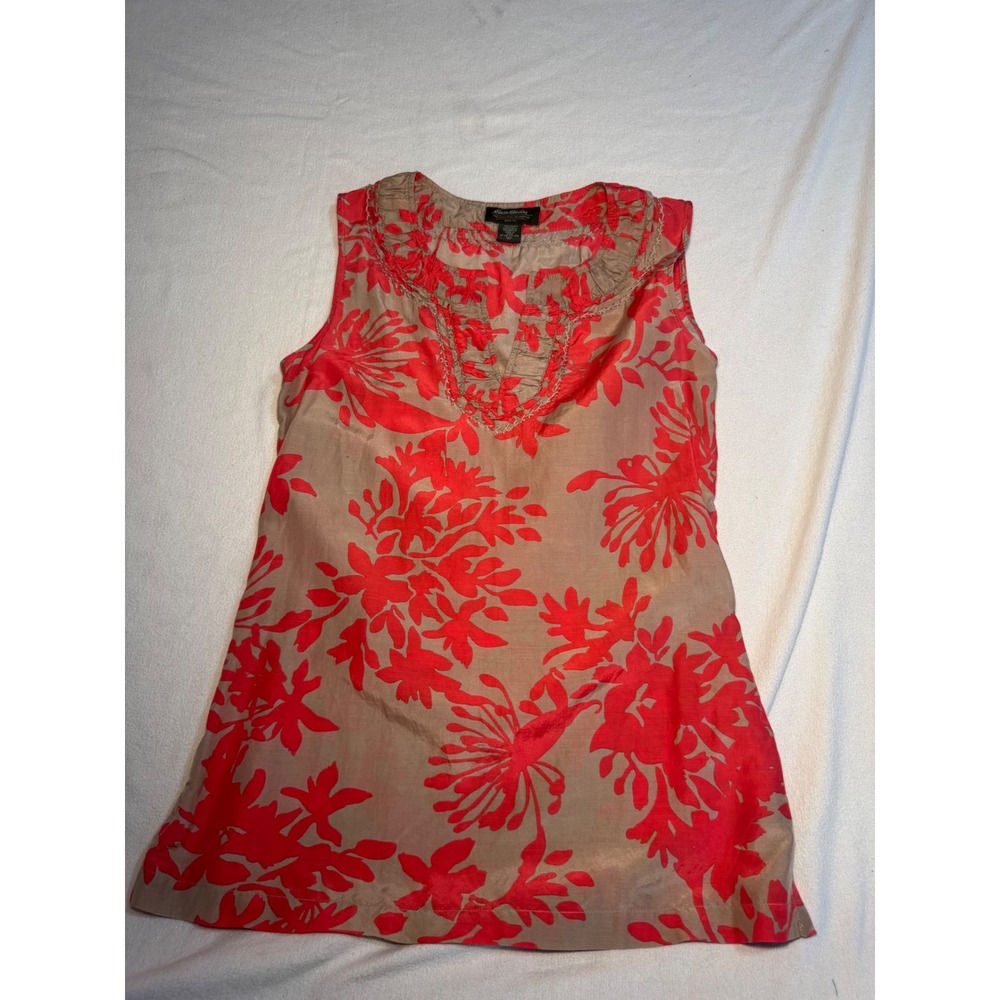 Eddie Bauer Red Floral Cotton Silk Ruffle Split Neck Sleeveless Tunic Top Tall M